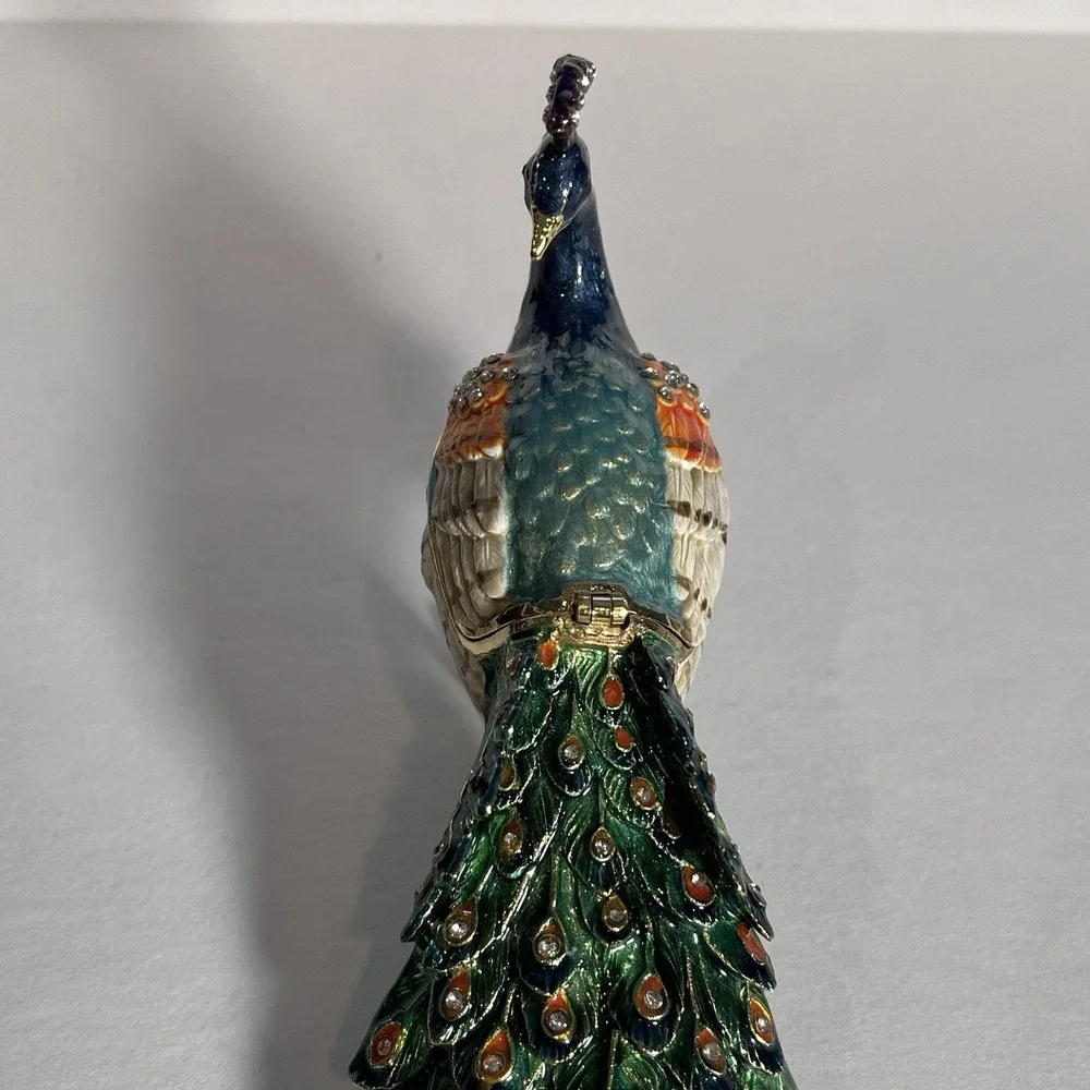 Peacock Enameled Metal Hinged Trinket Box w/ Austrian Crystals Figurine